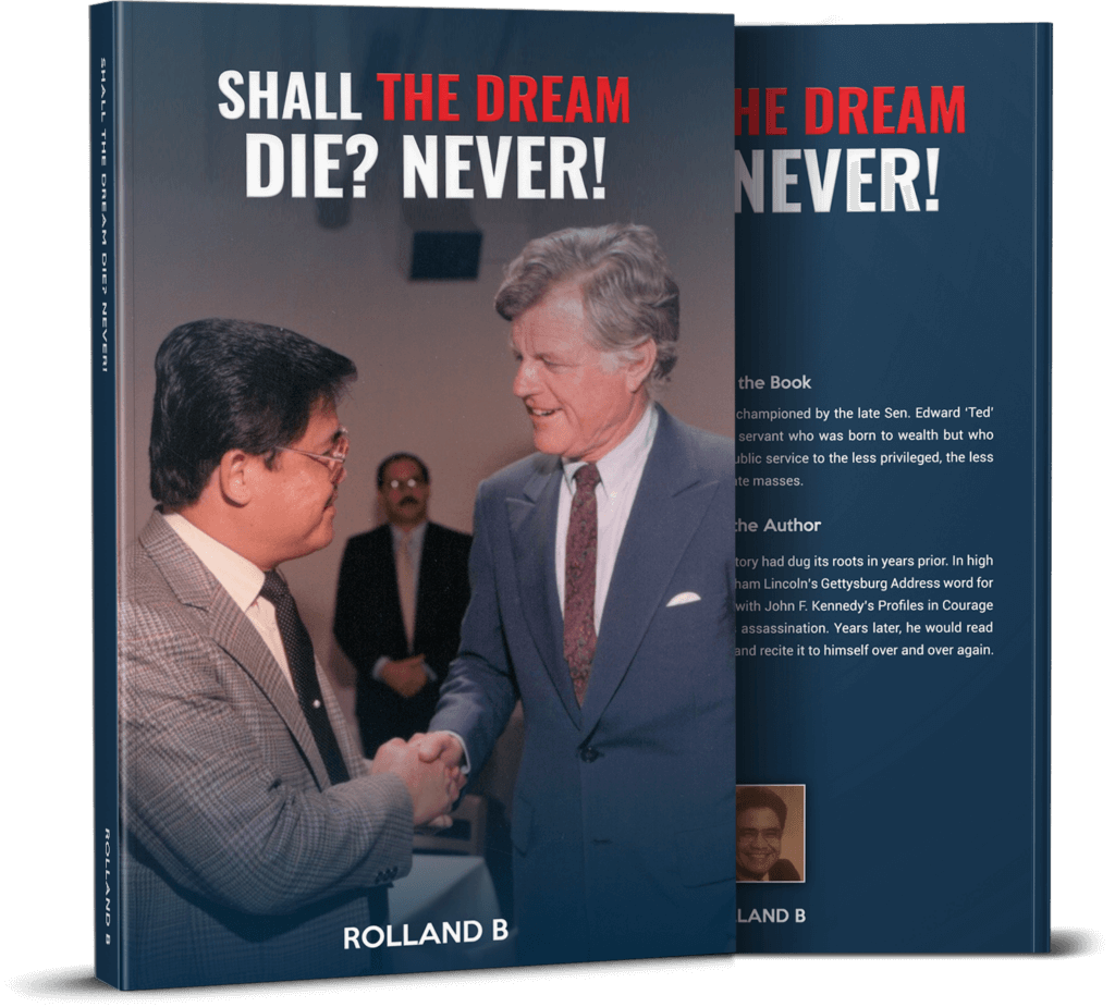 Front and back cover of a book titled "Shall the Dream Die? Never!" by Rolland B. The front features a handshake between two men, and the back includes a brief description of the book and author.