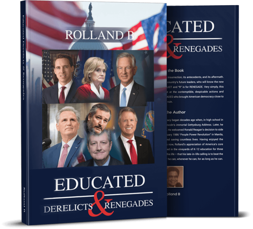 A book cover titled "Educated: Derelicts & Renegades" by Rolland B featuring images of various individuals and the U.S. Capitol in the background.